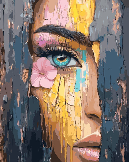 Paint by number painted effect of an Artistic depiction of a face with a flower in the hair against a textured background