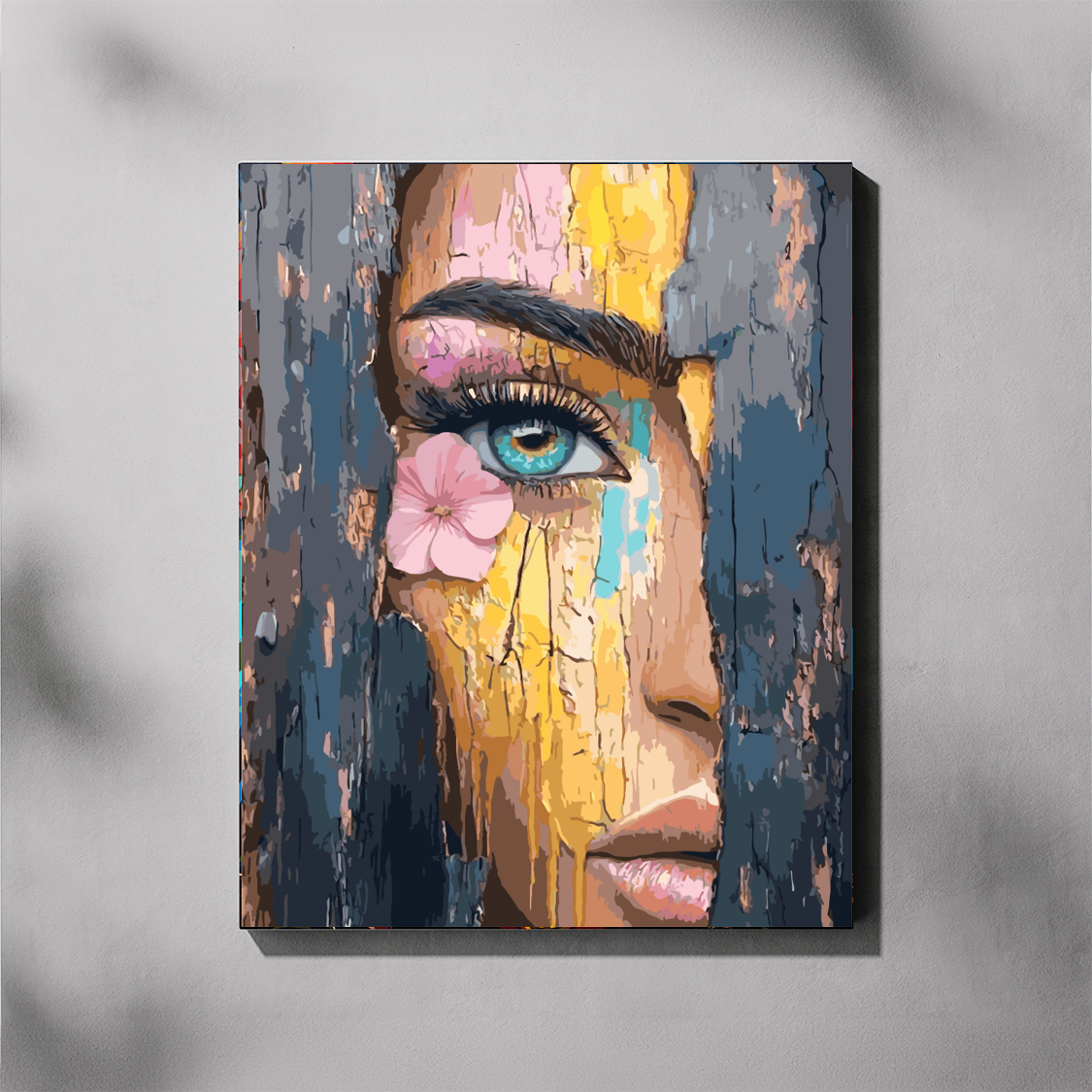 Paint by number of a Colorful abstract painting of a face with a flower on a gray background