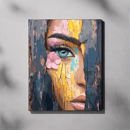 Paint by number of a Colorful abstract painting of a face with a flower on a gray background