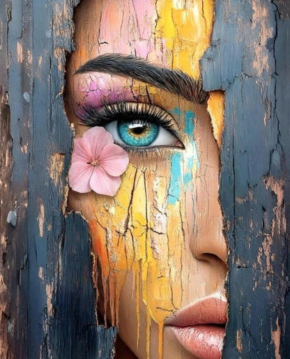 Artistic depiction of a face with a flower on the cheek, framed by peeling paint.