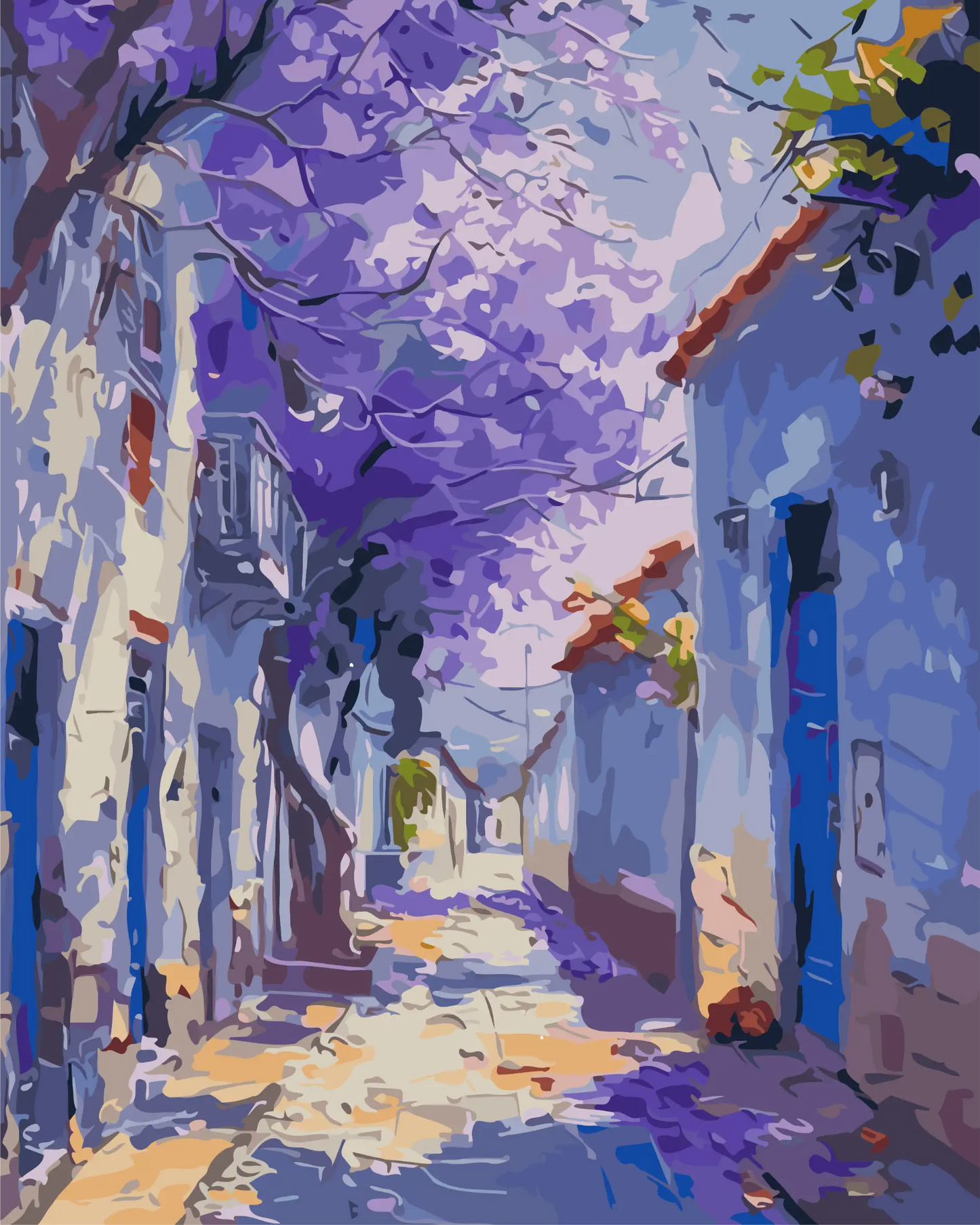 Colorful street scene with purple flowers and buildings