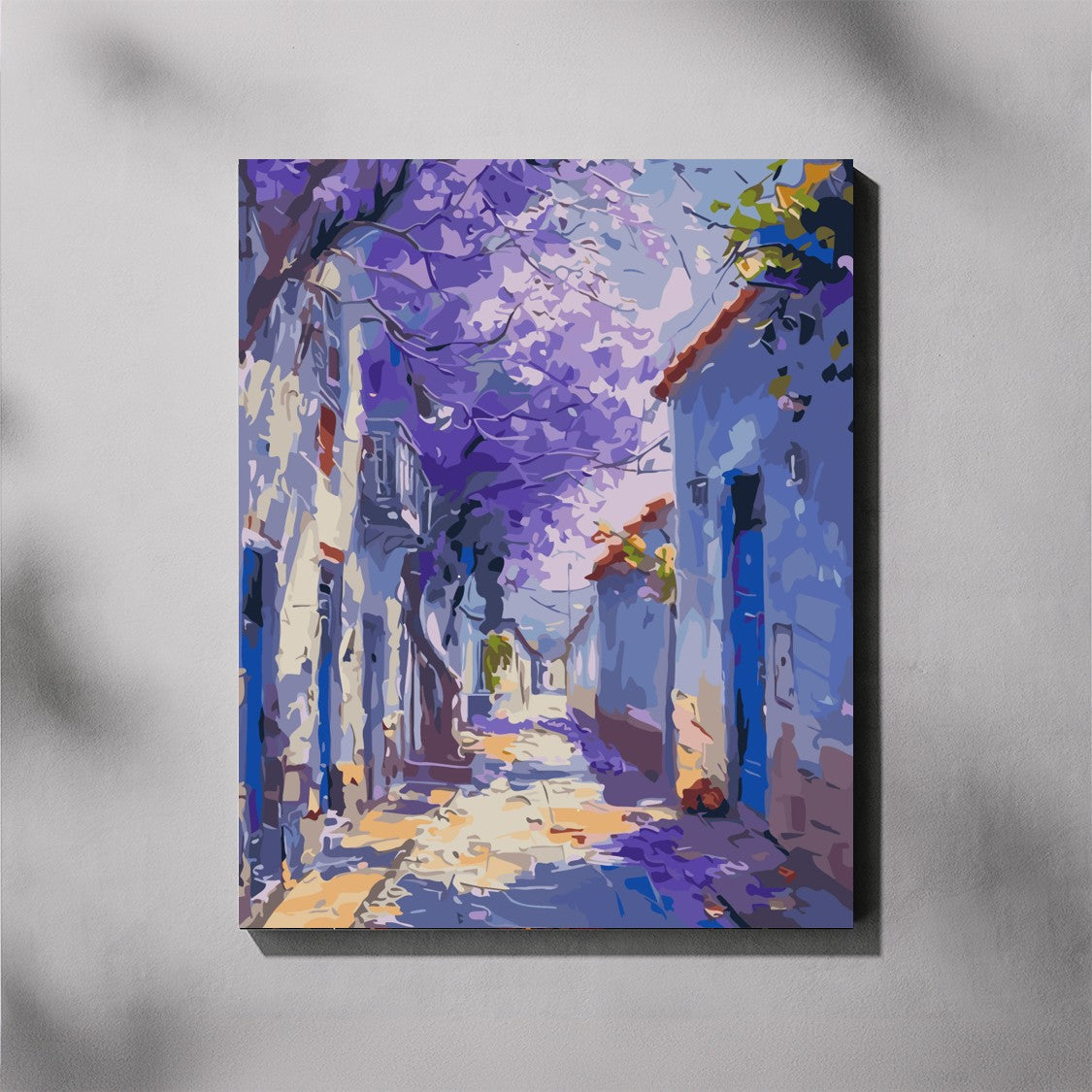 Colorful painting of a street scene with purple flowers and buildings.