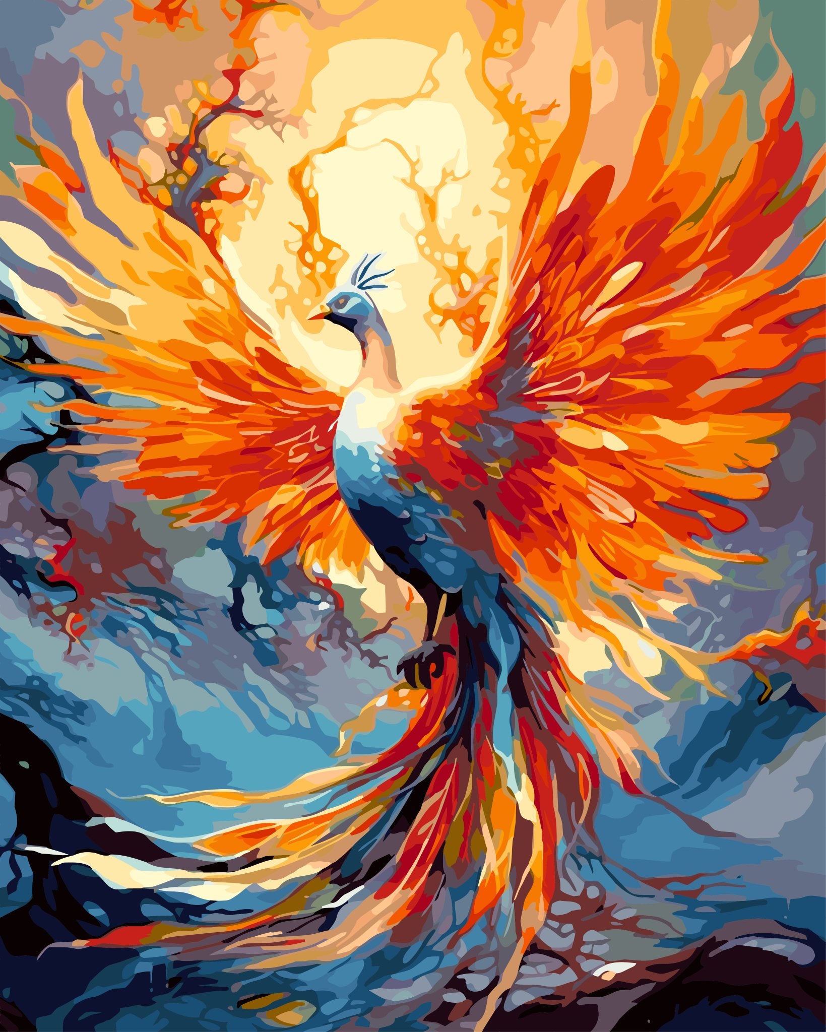 Phoenix Rising paint by number kit — dramatic effect of a mythical phoenix in flight with fiery amber, orange and crimson feathers against a misty blue-grey sky
