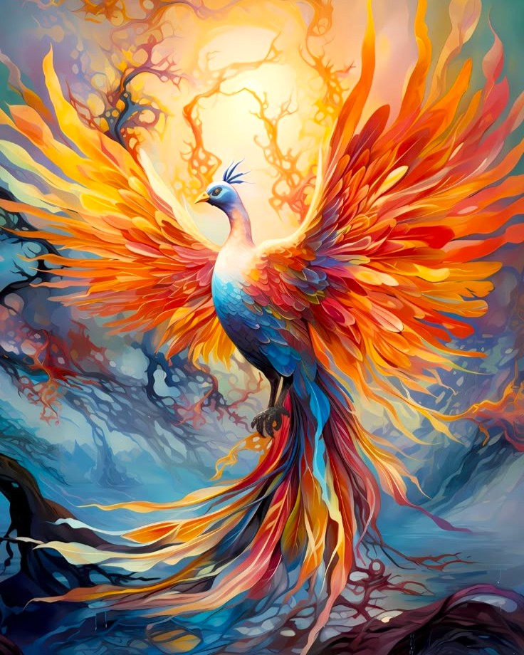 Phoenix Rising paint by number kit — dramatic effect of a mythical phoenix in flight with fiery amber, orange and crimson feathers against a misty blue-grey sky