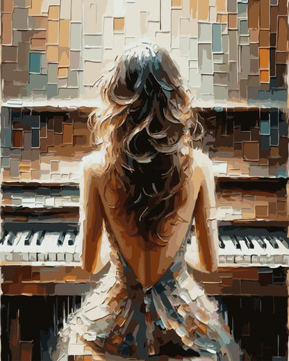 Woman standing in front of a piano with a mosaic-style background