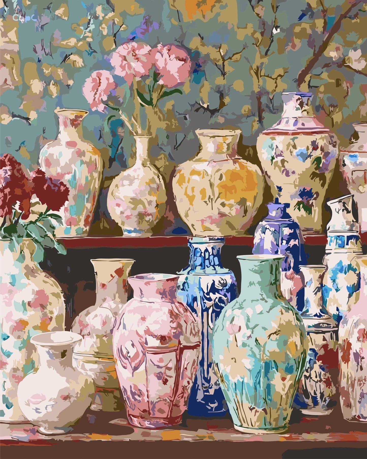 Colorful array of decorative vases with floral patterns on a patterned background