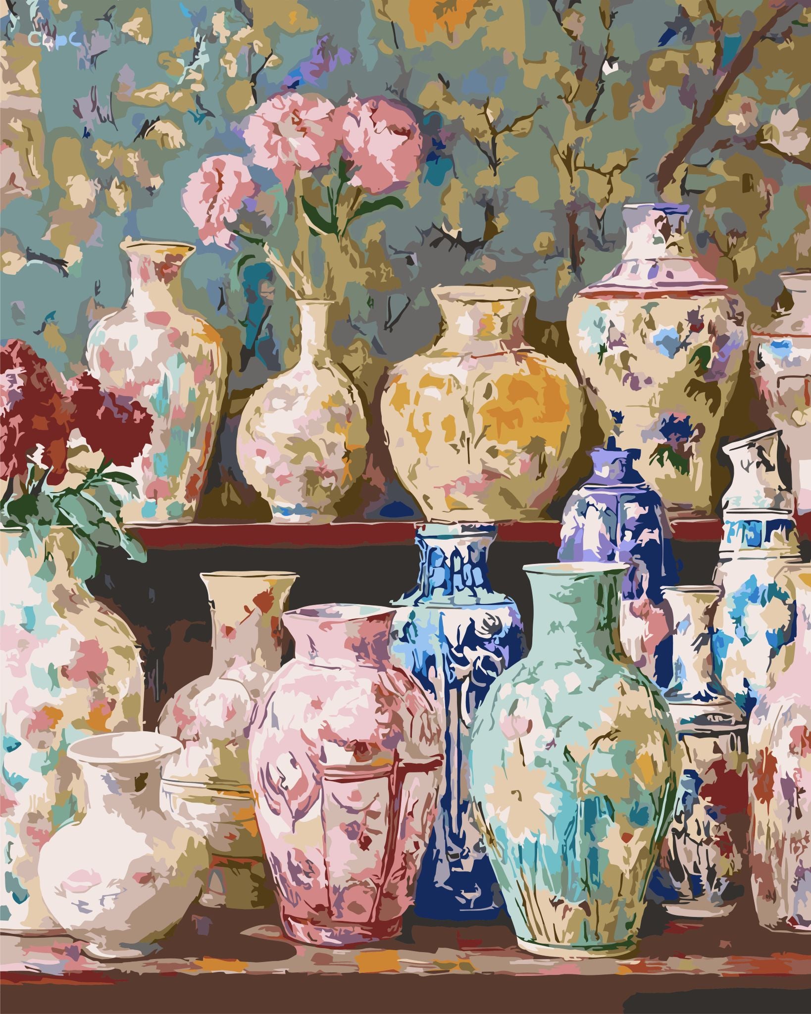 Colorful array of decorative vases with floral patterns on a patterned background
