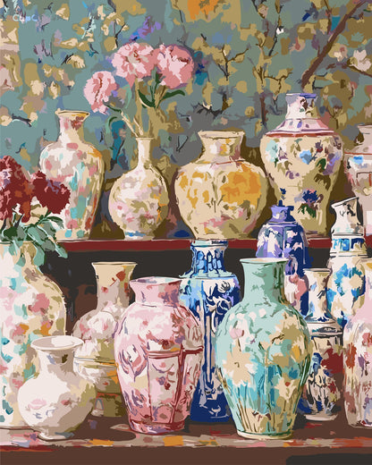 Colorful array of decorative vases with floral patterns on a patterned background