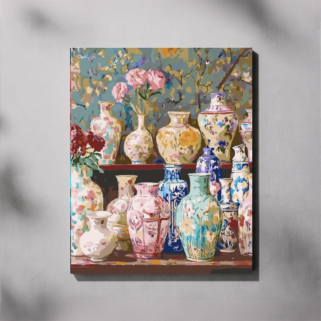 Two shelves of hand-painted floral porcelain vases in pink, blue, cream and green with pink carnations and a blossoming tree in the background
40x50cm paint by number kit — stretch framed canvas displayed as finished wall art
