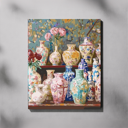Two shelves of hand-painted floral porcelain vases in pink, blue, cream and green with pink carnations and a blossoming tree in the background
40x50cm paint by number kit — stretch framed canvas displayed as finished wall art
