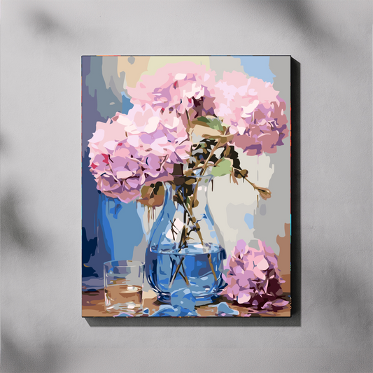 Canvas print of pink flowers in a blue vase on a gray background