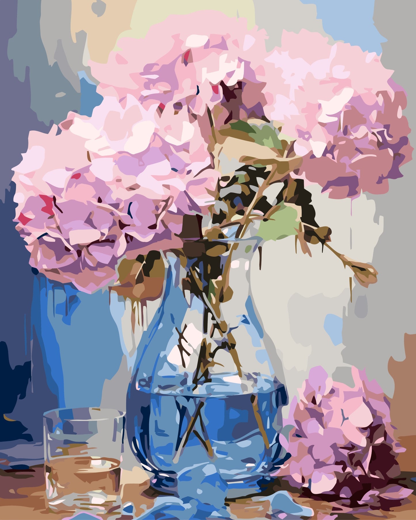 Artistic depiction of a blue vase with pink flowers on a colorful background