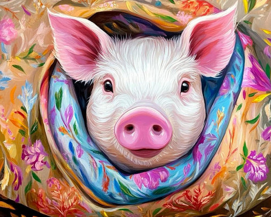 Colorful painting of a pig surrounded by floral elements