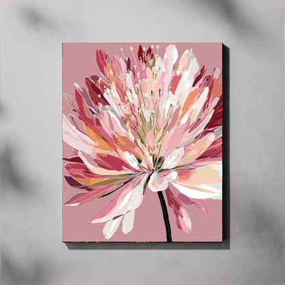 Pink Aggy paint by number kit — completed canvas mockup of a pink agapanthus in full bloom filling the canvas, petals ranging from deep berry to soft blush and white with gold-tipped stamens
