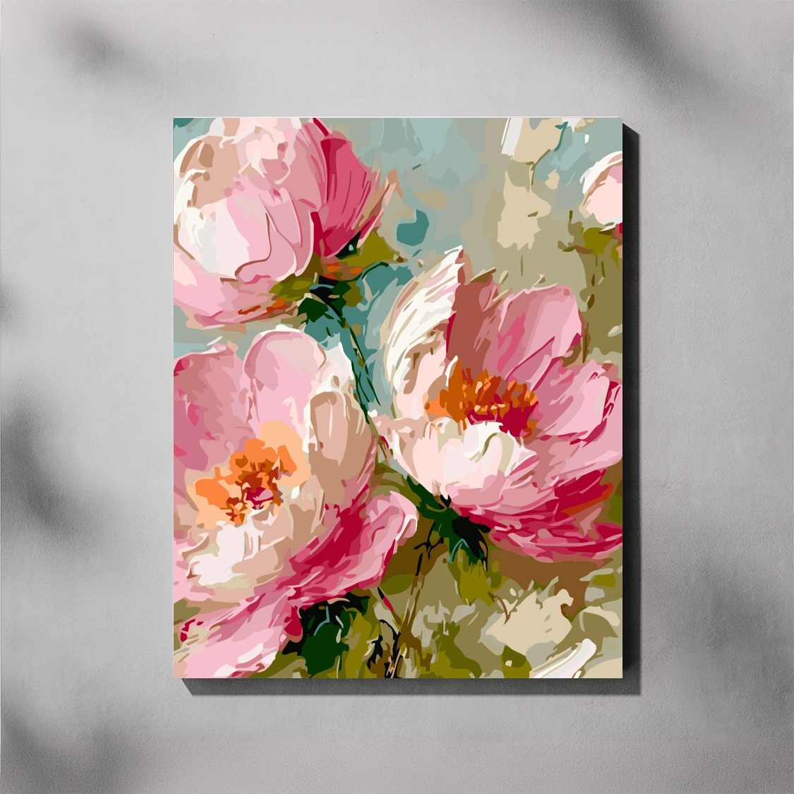 Floral painting with pink and green flowers on a gray background