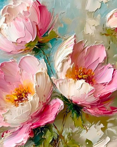 Colorful floral painting with pink and white flowers on a textured background