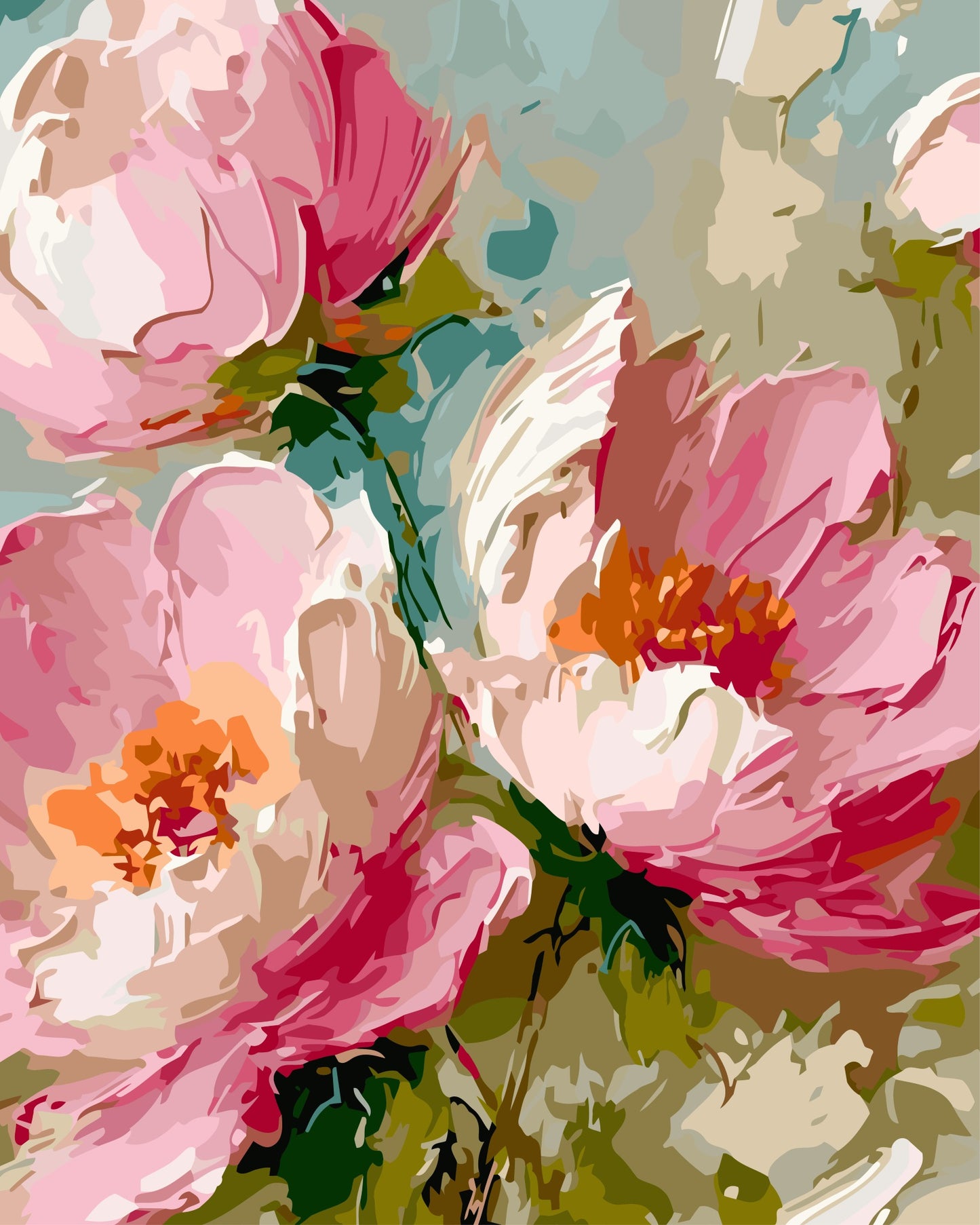 Colorful floral painting with pink flowers on a textured background