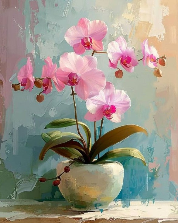 Painting of pink orchids in a pot with a textured background