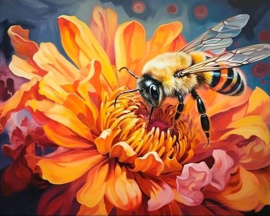 Colorful painting of a bee on a flower with a dark background