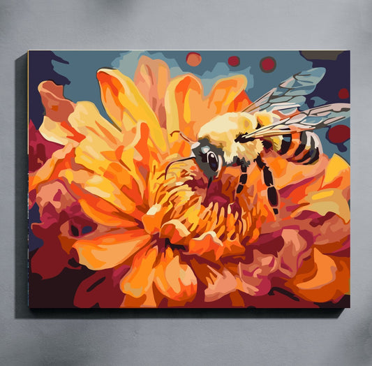 Colorful painting of a bee on a flower with abstract background