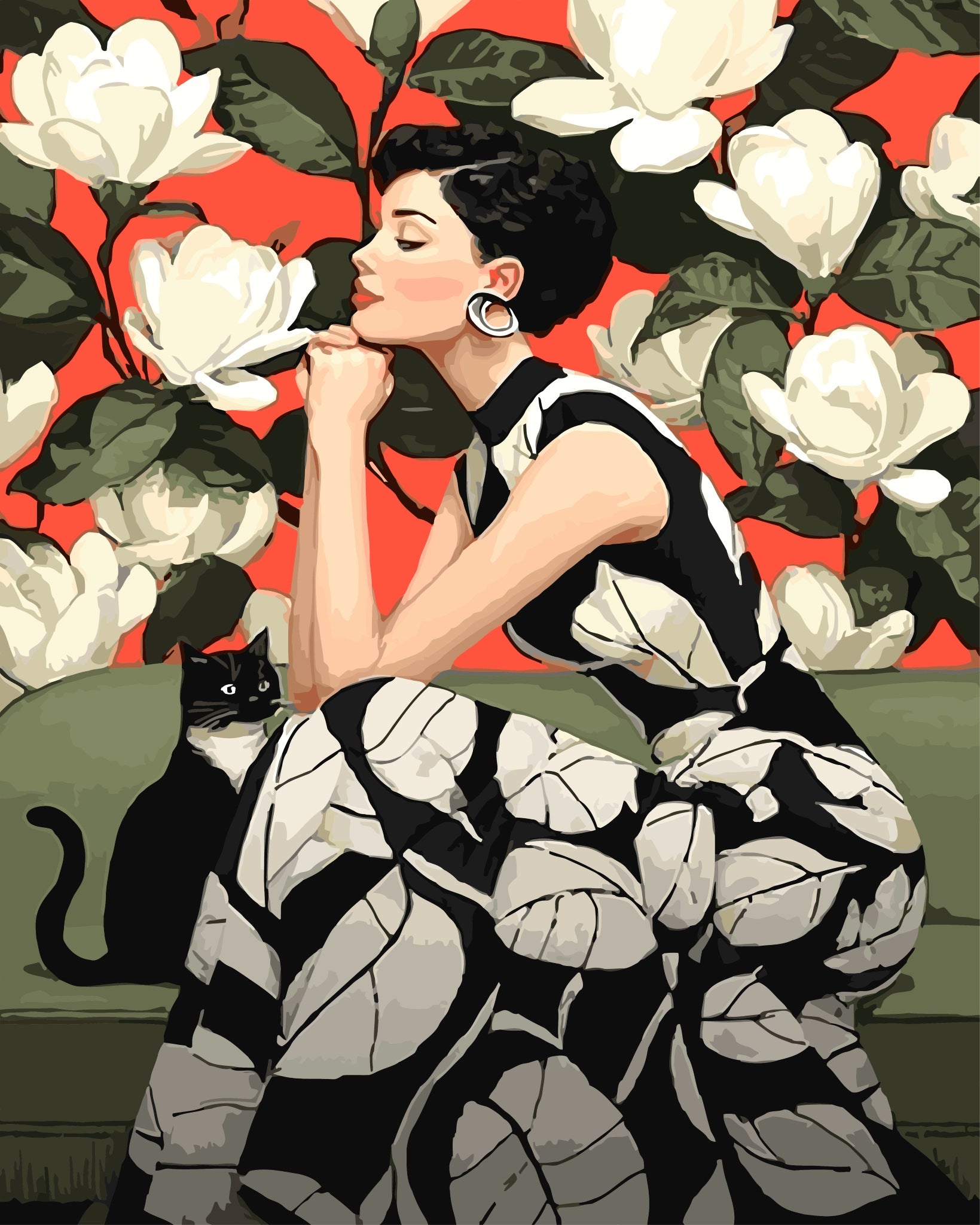 Pondering Life paint by number kit — artistic effect of a woman in a black and white dress with magnolias and a black cat in bold black, white, vivid red and deep green tones

