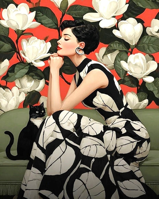 Woman in a black and white floral dress sitting on a couch with a cat, surrounded by white flowers and green leaves.