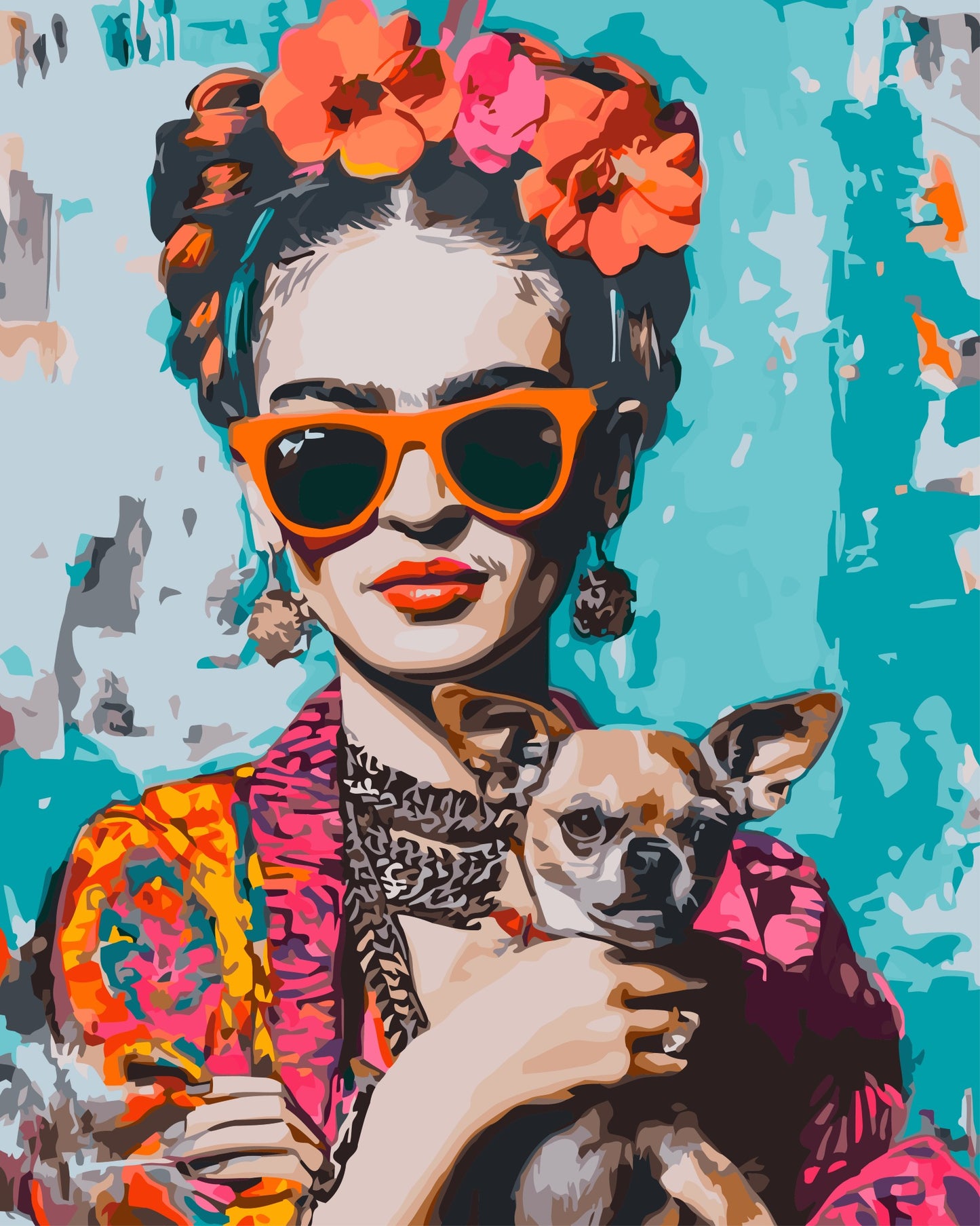 Pop Art Frida paint by number kit — artistic effect of a bold Frida-inspired pop art portrait in bright teal, orange, hot pink and gold tones
