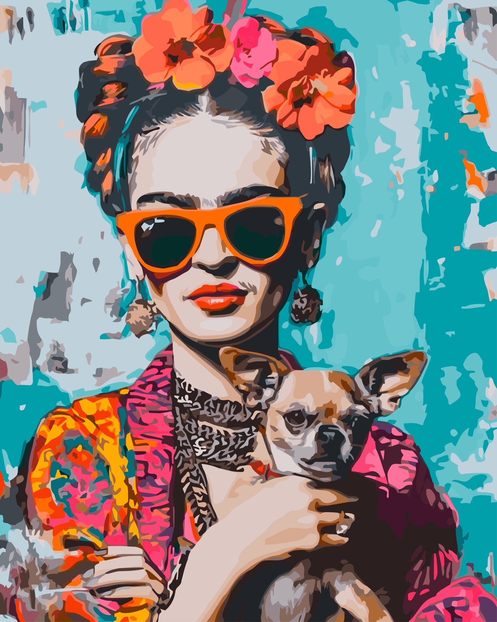 Pop Art Frida paint by number kit — artistic effect of a bold Frida-inspired pop art portrait in bright teal, orange, hot pink and gold tones
