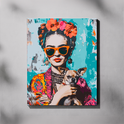 Pop Art Frida paint by number kit — completed canvas mockup of a Frida Kahlo-inspired portrait with orange sunglasses, flower crown, colourful kimono and chihuahua on a teal background
