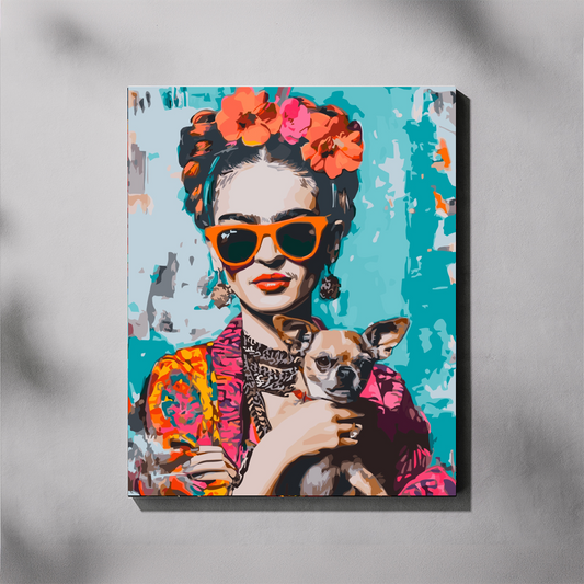 Pop Art Frida paint by number kit — completed canvas mockup of a Frida Kahlo-inspired portrait with orange sunglasses, flower crown, colourful kimono and chihuahua on a teal background
