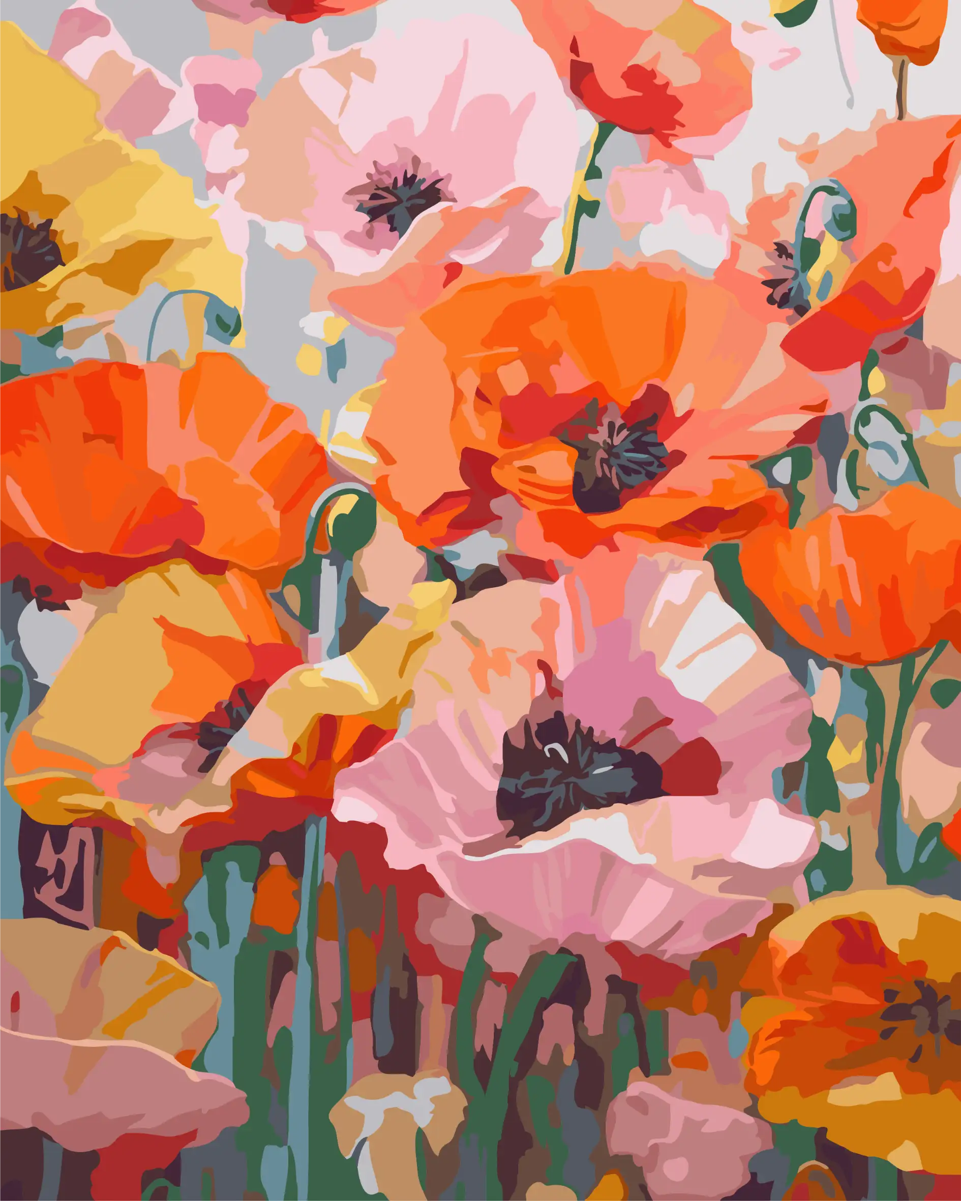 Colorful floral pattern paint by number with poppies on a gray background