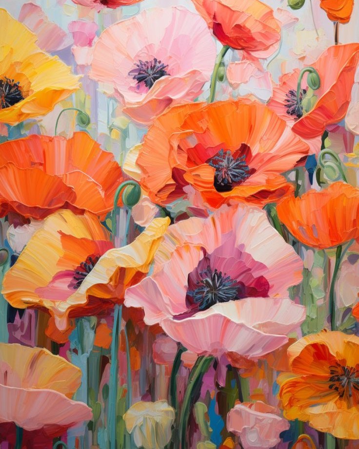 Colorful painting of poppies with vibrant orange, pink, and yellow flowers.