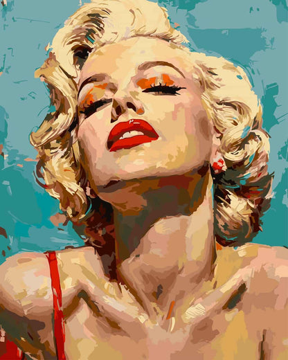 A stylized pop-art portrait paint by number of Marilyn Monroe with closed eyes, red lips, blonde hair, and a turquoise background.