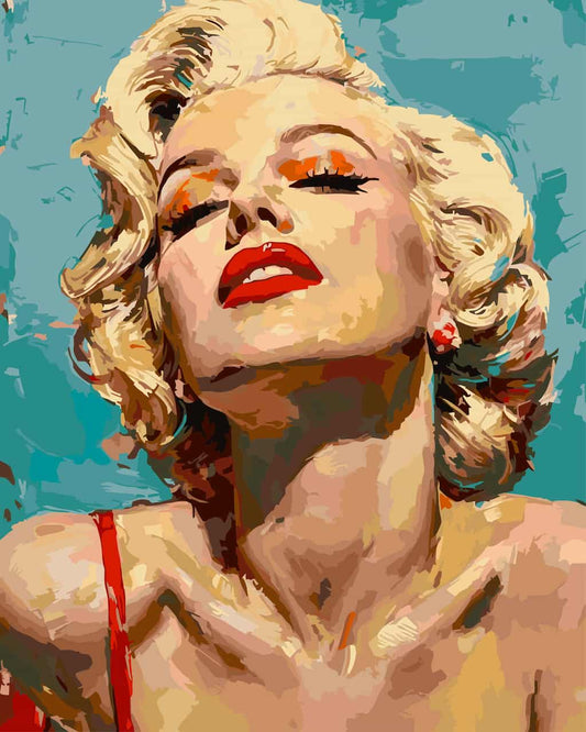 A stylized pop-art portrait paint by number of Marilyn Monroe with closed eyes, red lips, blonde hair, and a turquoise background.