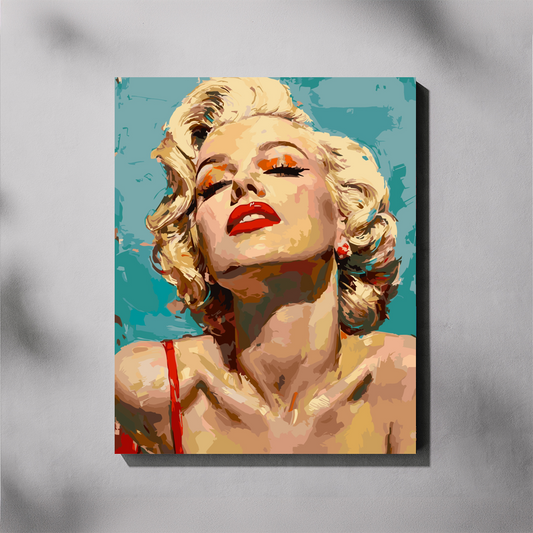 A stylized paint by number featuring a close-up portrait of Marilyn Monroe with blonde hair, red lips, and a turquoise background, shown hanging on a light gray wall with soft shadow overlays.