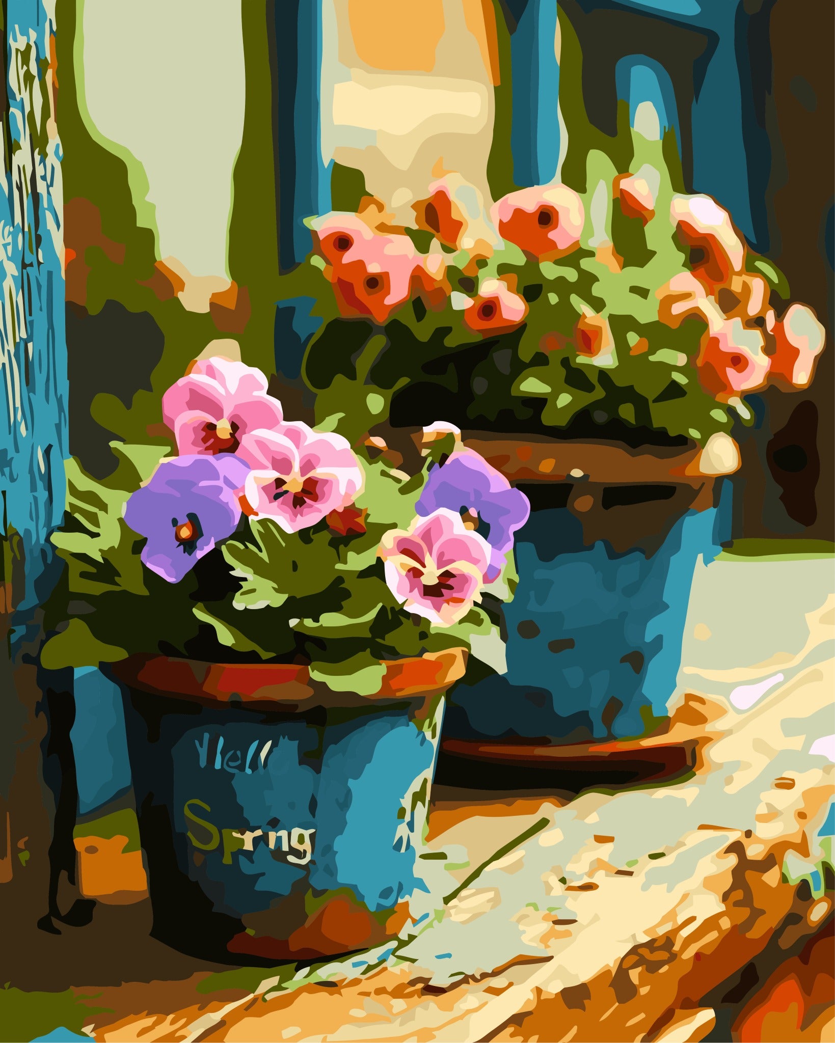 Potted plants with colorful flowers in front of a blue door with 'Hello Spring' text