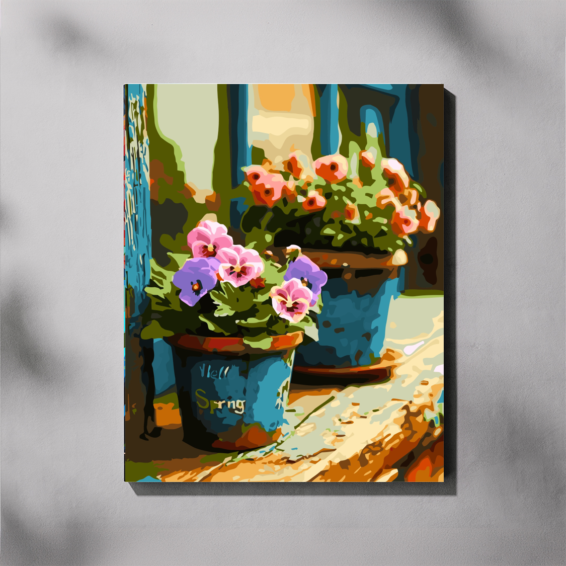 Colorful painting of potted flowers with a 'Spring' pot on a textured gray background