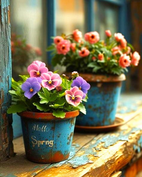 Potted pansy flowers with 'Hello Spring' text on a rustic wooden surface