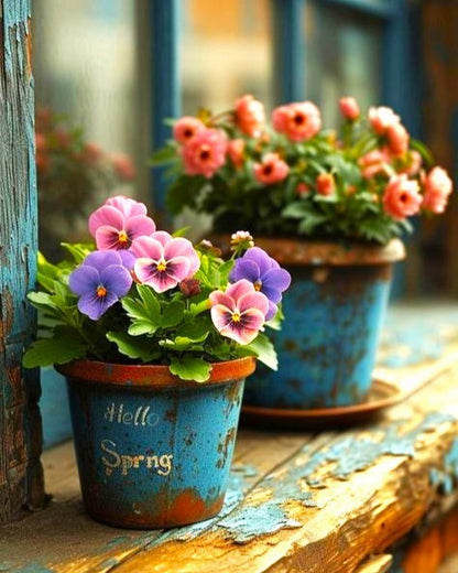 Potted pansy flowers with 'Hello Spring' text on a rustic wooden surface