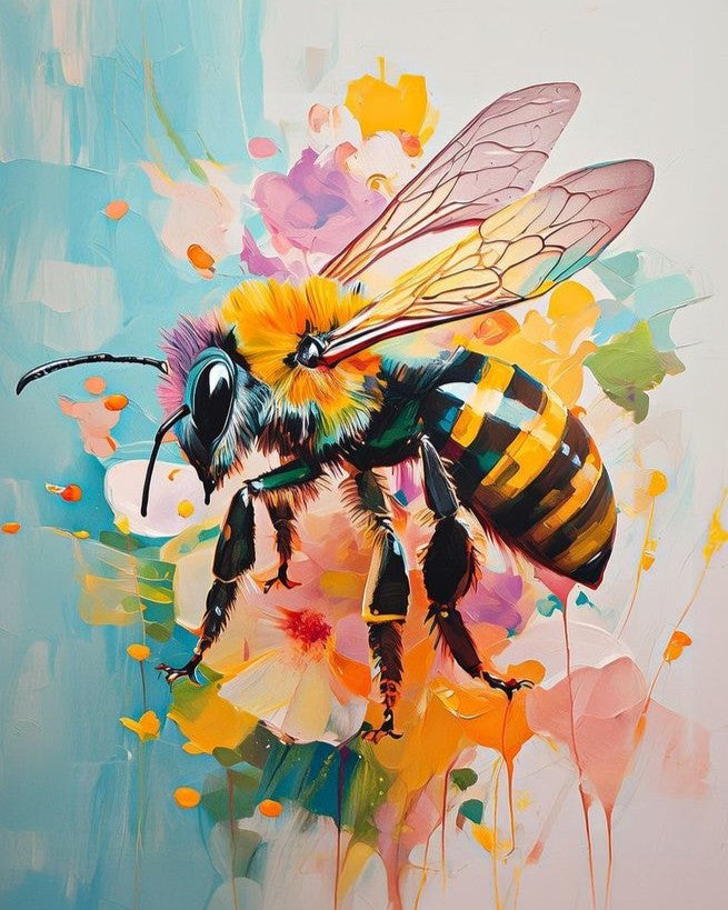 Colorful painting of a bee on abstract floral background