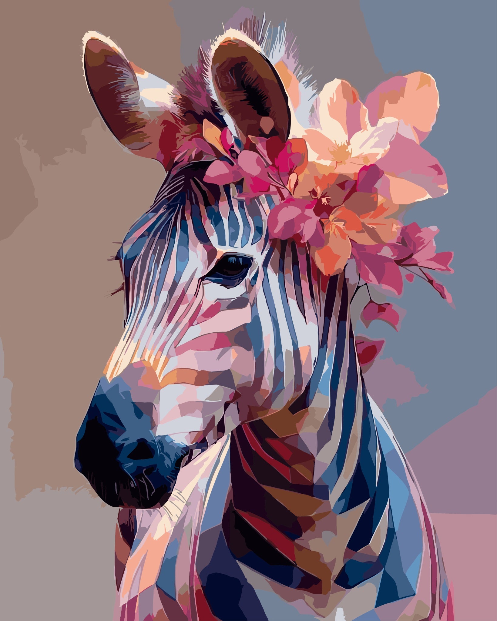 Paint by number of a Colorful zebra illustration with floral elements on a gradient background