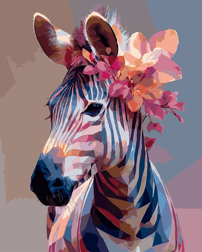 Paint by number of a Colorful zebra illustration with floral elements on a gradient background