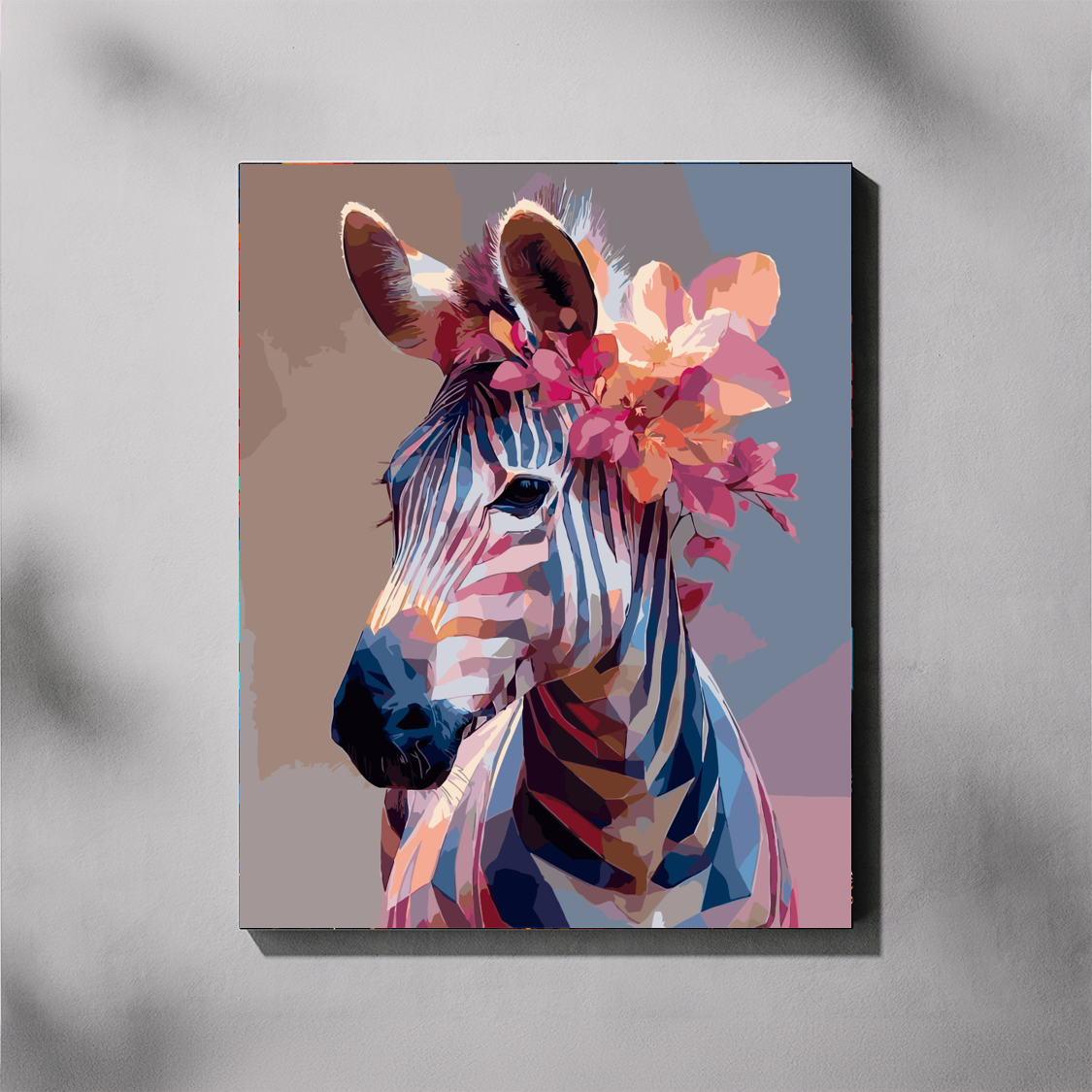 Block mounted paint by number of a Colourful zebra painting with floral headband on a gray background