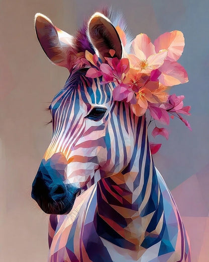 Colorful zebra illustration with floral elements on a gradient background