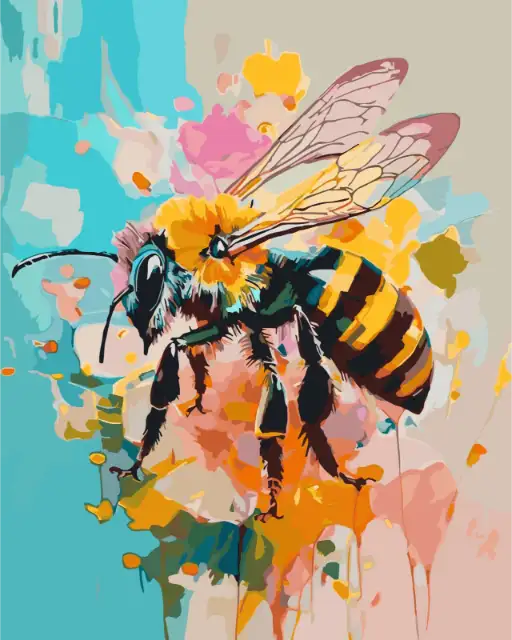 Colorful abstract painting of a bee on a floral background