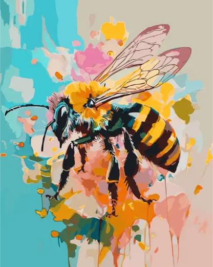 Colorful abstract painting of a bee on a floral background