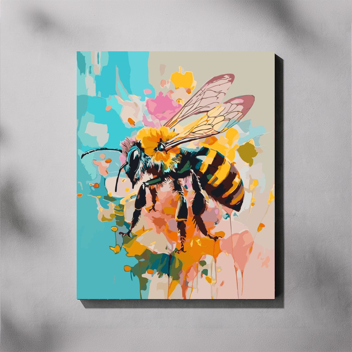 Colorful abstract painting of a bee on a light gray background