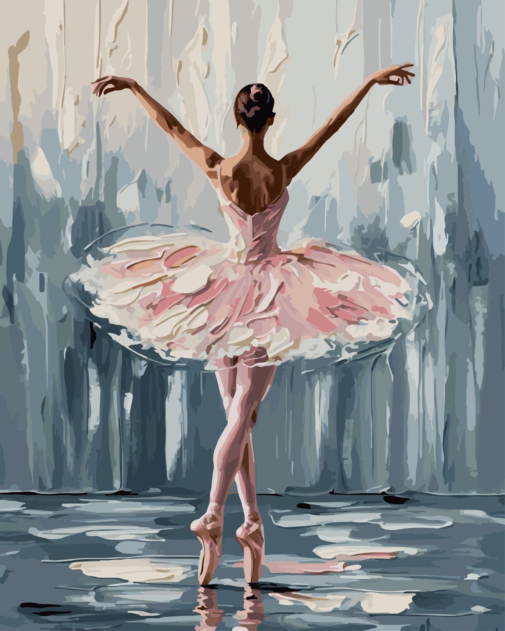 Finished paint by number of a ballerina in a pink tutu against a watercolor background