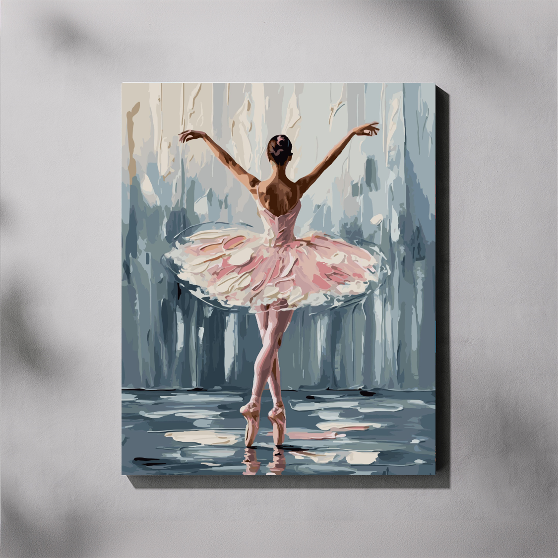 Paint by number of a ballerina in a pink tutu against a abstract background