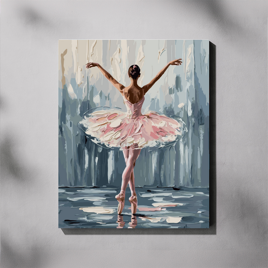 Paint by number of a ballerina in a pink tutu against a abstract background